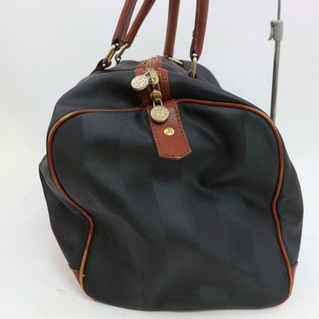 Fendi Early Pequin Black Wide Stripe Print Coated Canvas And Pecan Colored Leather Satchel