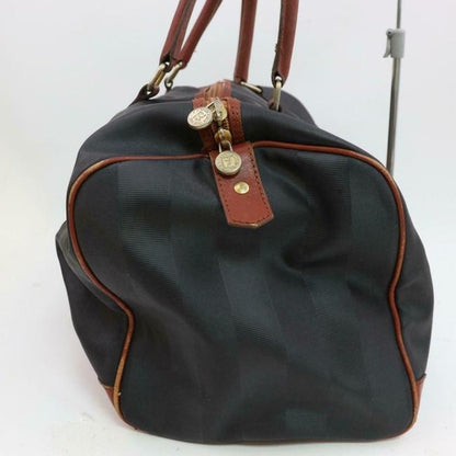 Fendi Early Pequin Black Wide Stripe Print Coated Canvas And Pecan Colored Leather Satchel