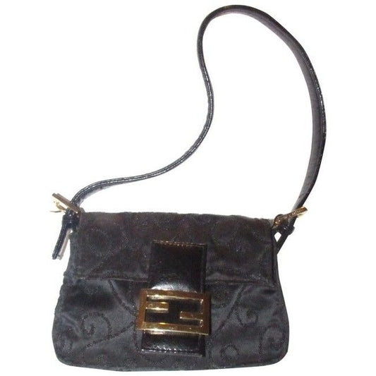 Fendi Black Silk And Leather Petite Baguette With Geometric Beaded Embellishments