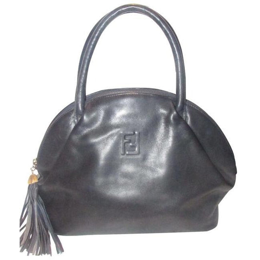 Fendi Early Top Handle Purse Navy Blue Leather With Quilted Ff Logo And Tassel Accent Satchel