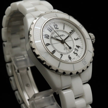 Chanel J12 White Ceramic White 33mm Date Lady QZ Quartz Watch H0968