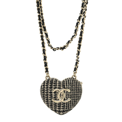 Tweed Lambskin CC Heart Locket Necklace Gold Black Beige