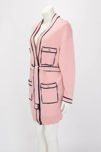 Chanel Pink & Navy Cashmere Knit Belted Long Sleeve Dress FR 40