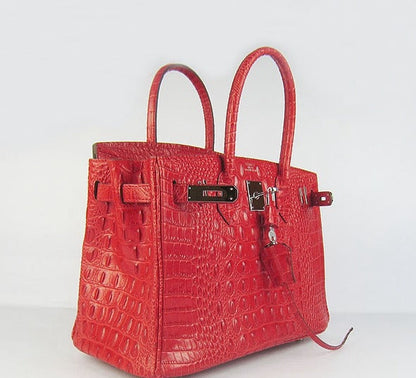 Hermes Birkin 30cm Crocodile Head Vein Handbags Red Silver