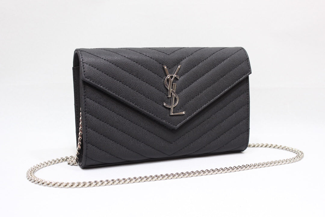 Yves Saint Laurent Cassandre Matelassé Chain Wallet In Grain De Poudre Embossed Black