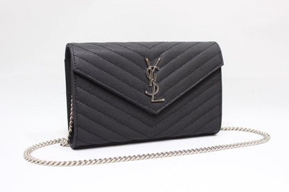 Yves Saint Laurent Cassandre Matelassé Chain Wallet In Grain De Poudre Embossed Black