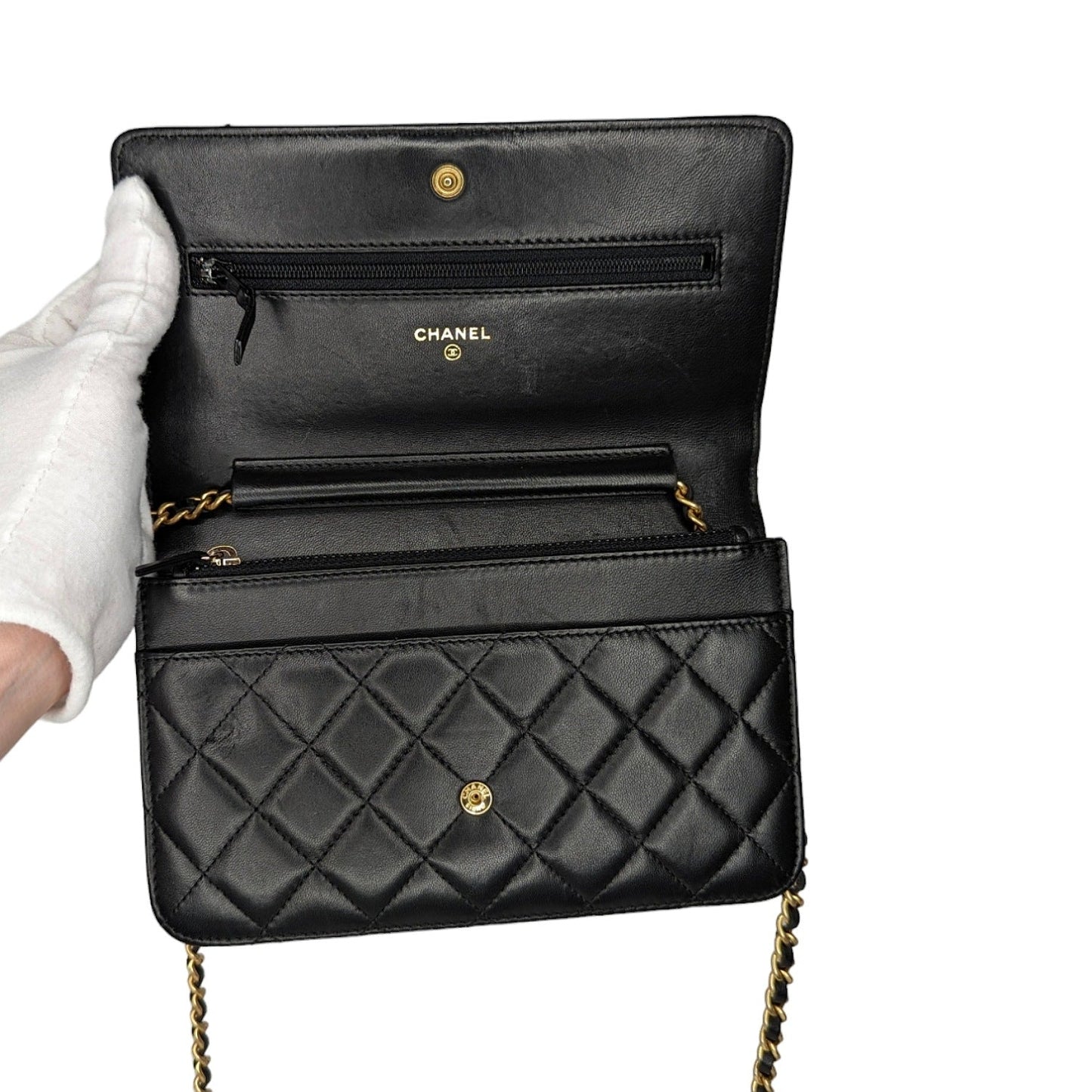 Chanel Lambskin Quilted Boy Wallet On Chain WOC Black