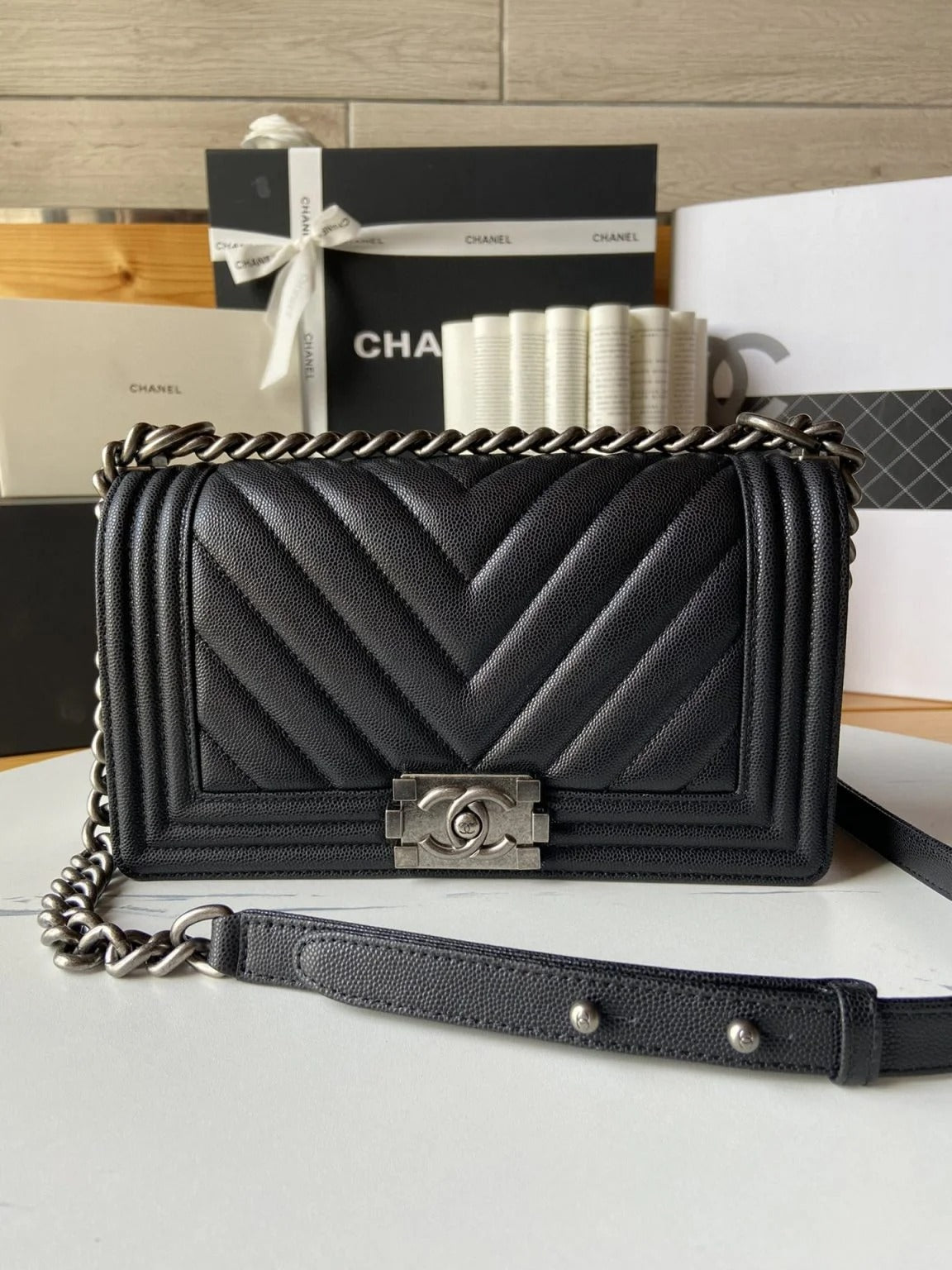 Chanel Boy V Caviar Handbags