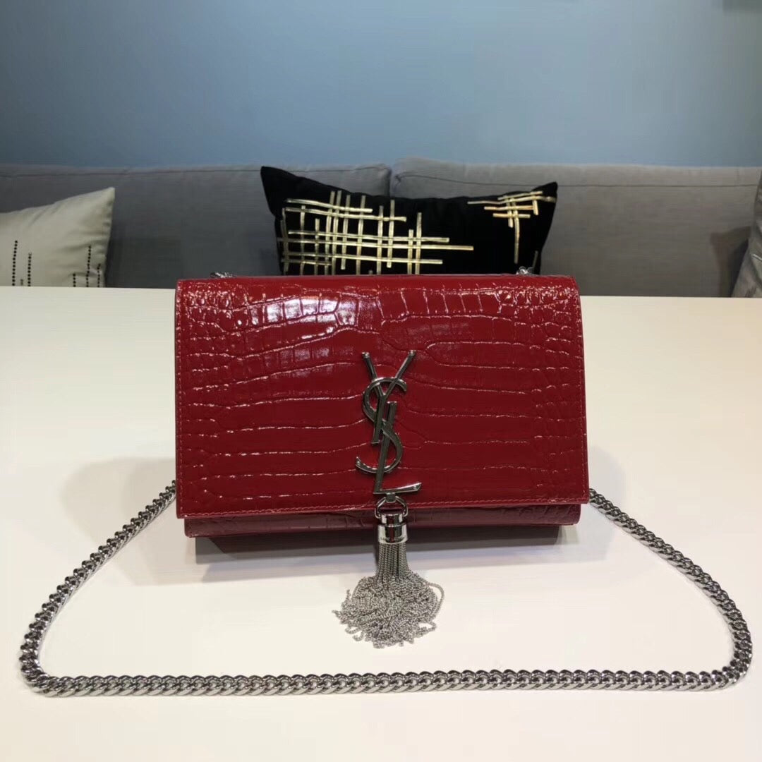 YSSL Kate Small Chain Bag With Tassel In Embossed Burgundy For Women 7.8in/20cm YSL 