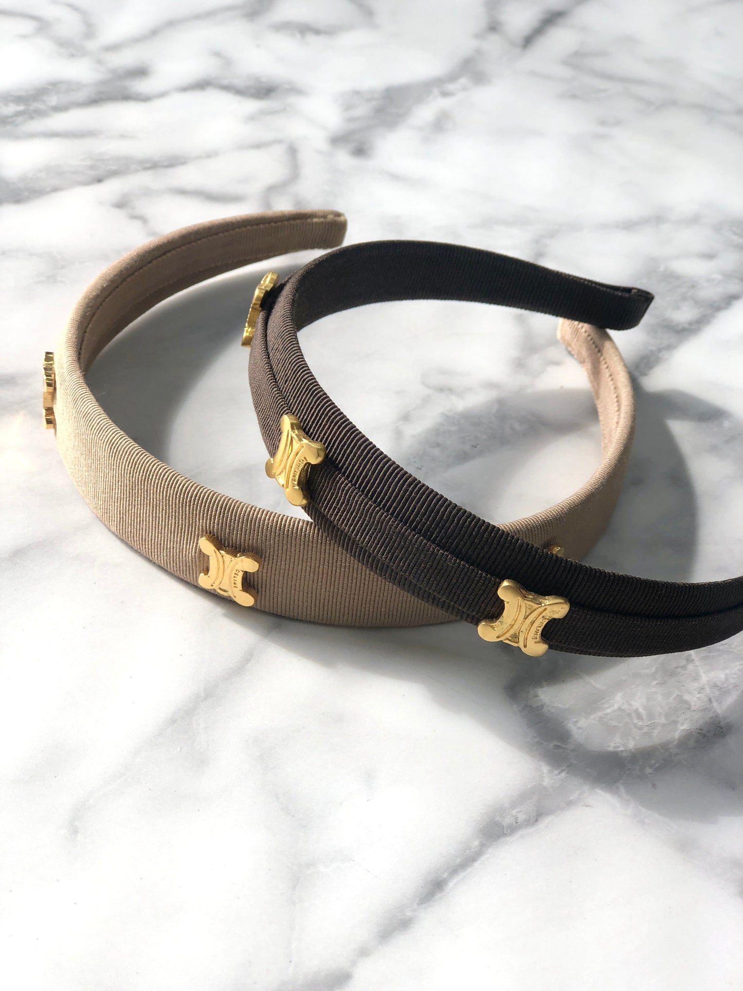 CELINE Triomphe  Fabric headband Beige Vintage t3apeu