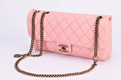Chanel Quilted Pink Calf Leather Zippy Compartment Shoulder Bag (1875xxxx) width 28cm, Gold Chain, with  & Dust Cover
