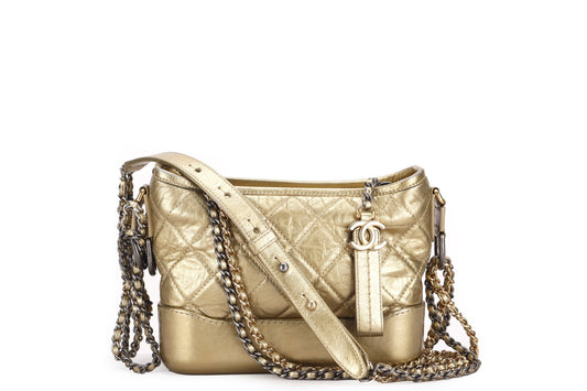 CHANEL GABRIELLE MINI METALLIC GOLD CALF LEATHER SLING BAG (2366xxxx), WITH DUST COVER, NO