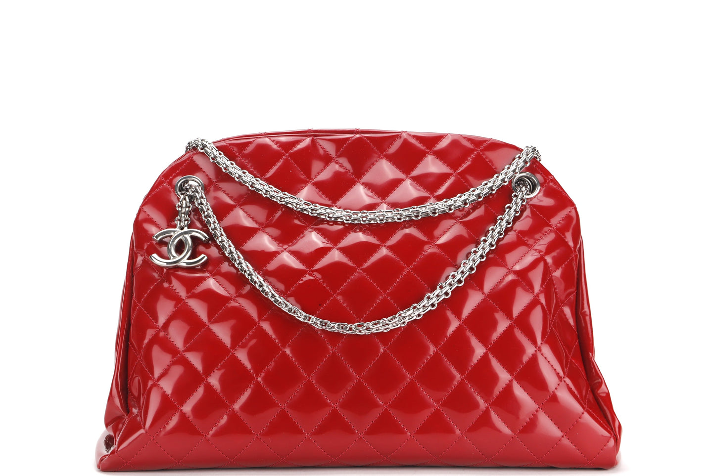 CHANEL MADEMOISELLE (1418xxxx) W 33CM, RED PATENT LEATHER SILVER HARDWARE, WITH  & DUST COVER