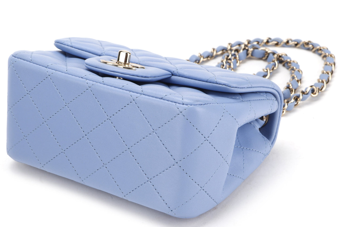CHANEL CLASSIC MINI SQUARE (3071xxxx) LIGHT BLUE LAMBSKIN LIGHT GOLD HARDWARE, WITH , DUST COVER & BOX