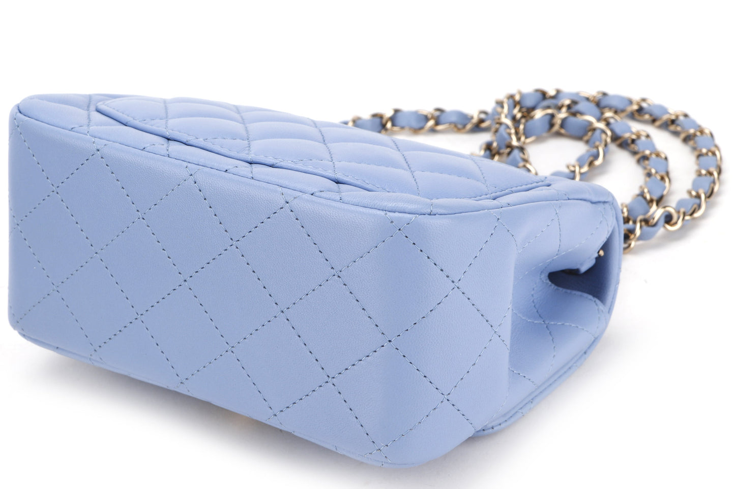 CHANEL CLASSIC MINI SQUARE (3071xxxx) LIGHT BLUE LAMBSKIN LIGHT GOLD HARDWARE, WITH , DUST COVER & BOX