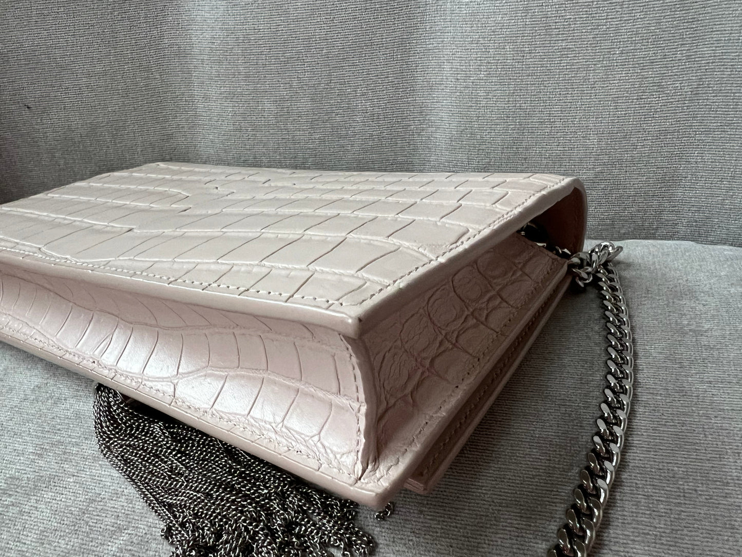 Yves Saint Laurent (YSL) Pale Pink Croc Kate Chain Wallet Silver Hardware