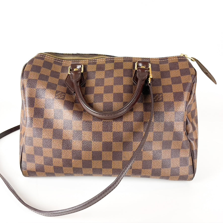 Louis-Vuitton Damier Ebene Speedy 30 Canvas Bag with Strap