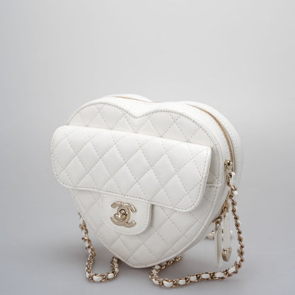 Chanel Heart Bag CC in Love Heart Clutch with Chain in White Lambskin with champagne Gold Hardware