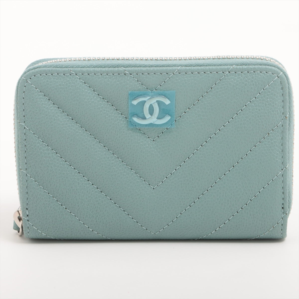 Chanel Chevron Caviar Green Grey Coin Case
