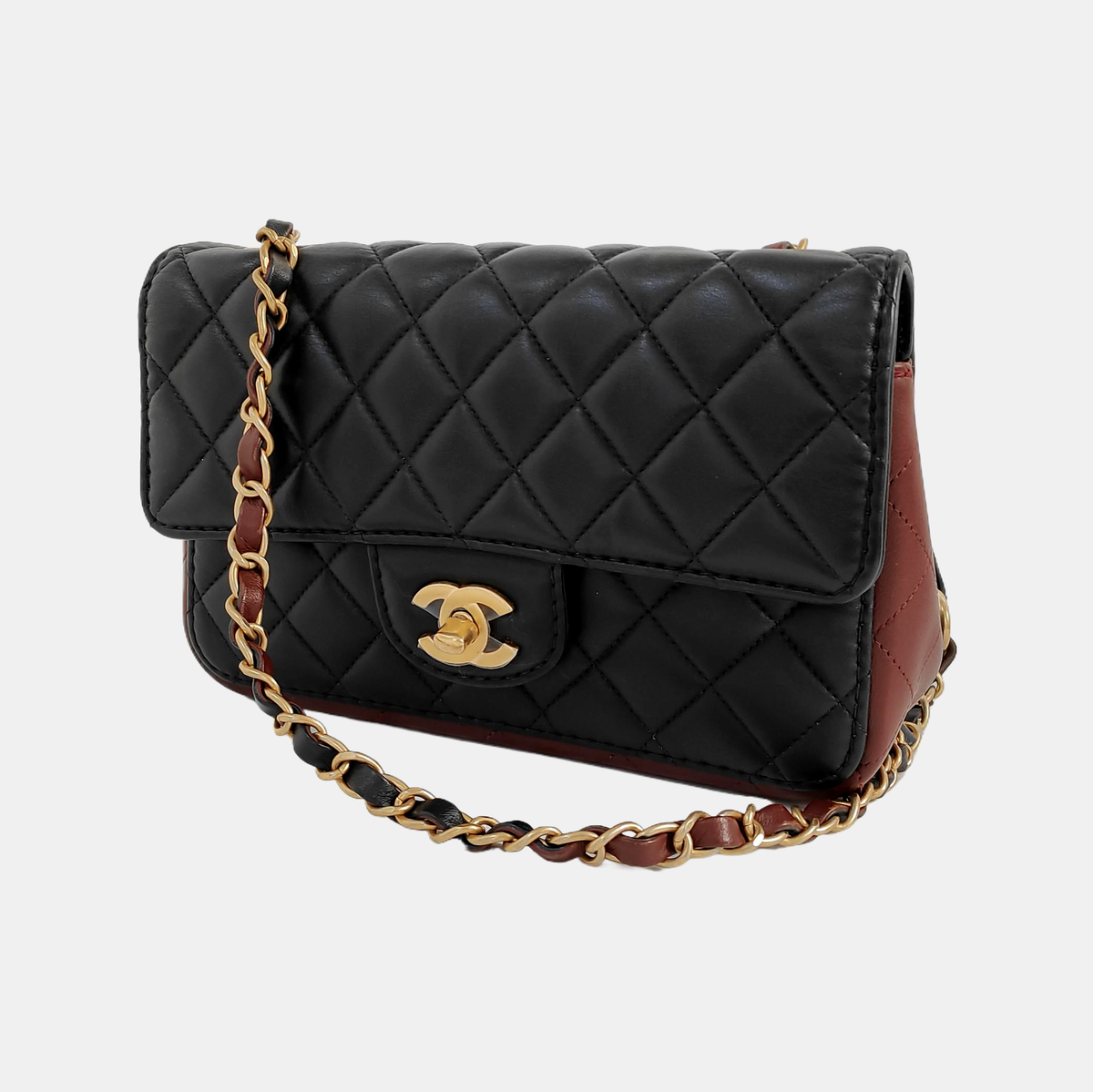 Chanel Classic Flap Rectangular Mini Black and Burgundy Lambskin Leather Gold Hardware 2020