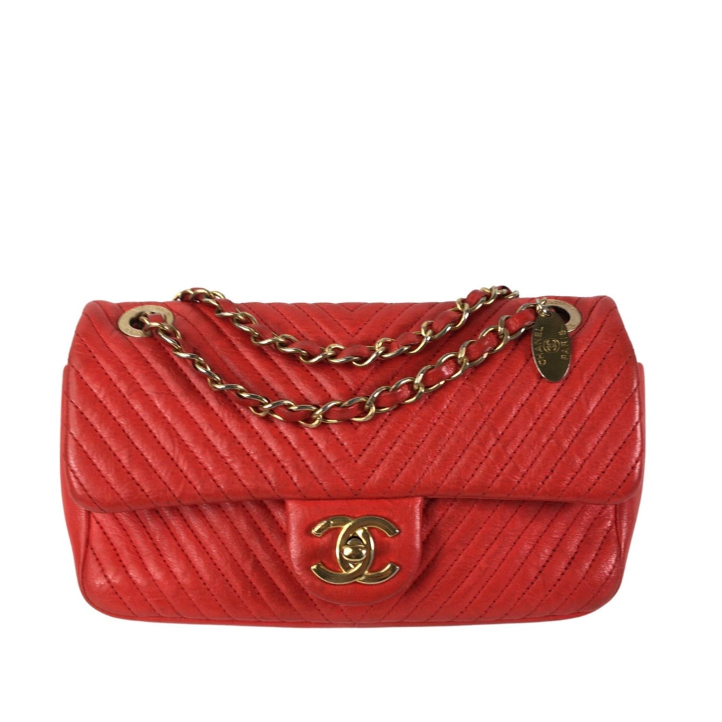 CHANEL Medium Wrinkled Calfskin Quilted Chevron Medallion Charm Surpique Flap Shoulder Bag