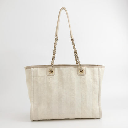 Chanel Deauville Tote Light Beige Stripes Cloth Leather Chain Handle Small 34cm