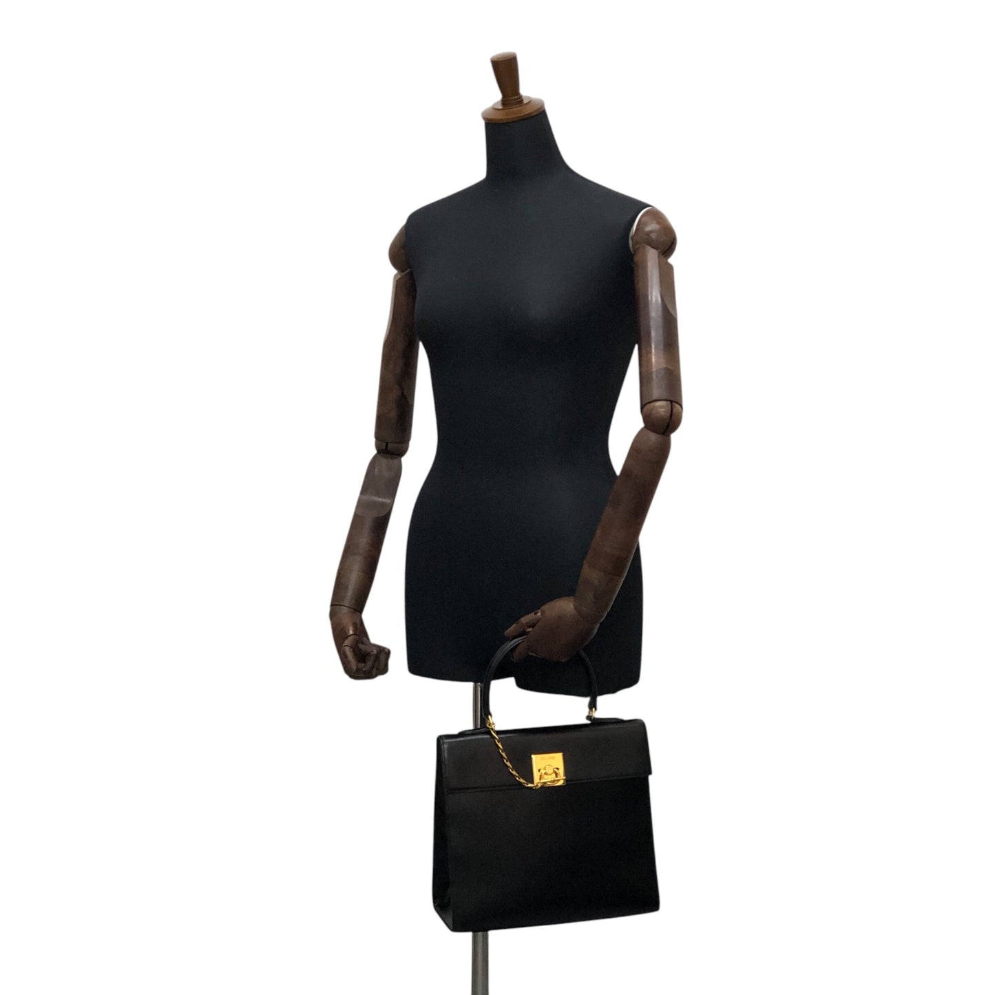 CELINE Gancini Top Handle Handbag Black Vintage a8utvp