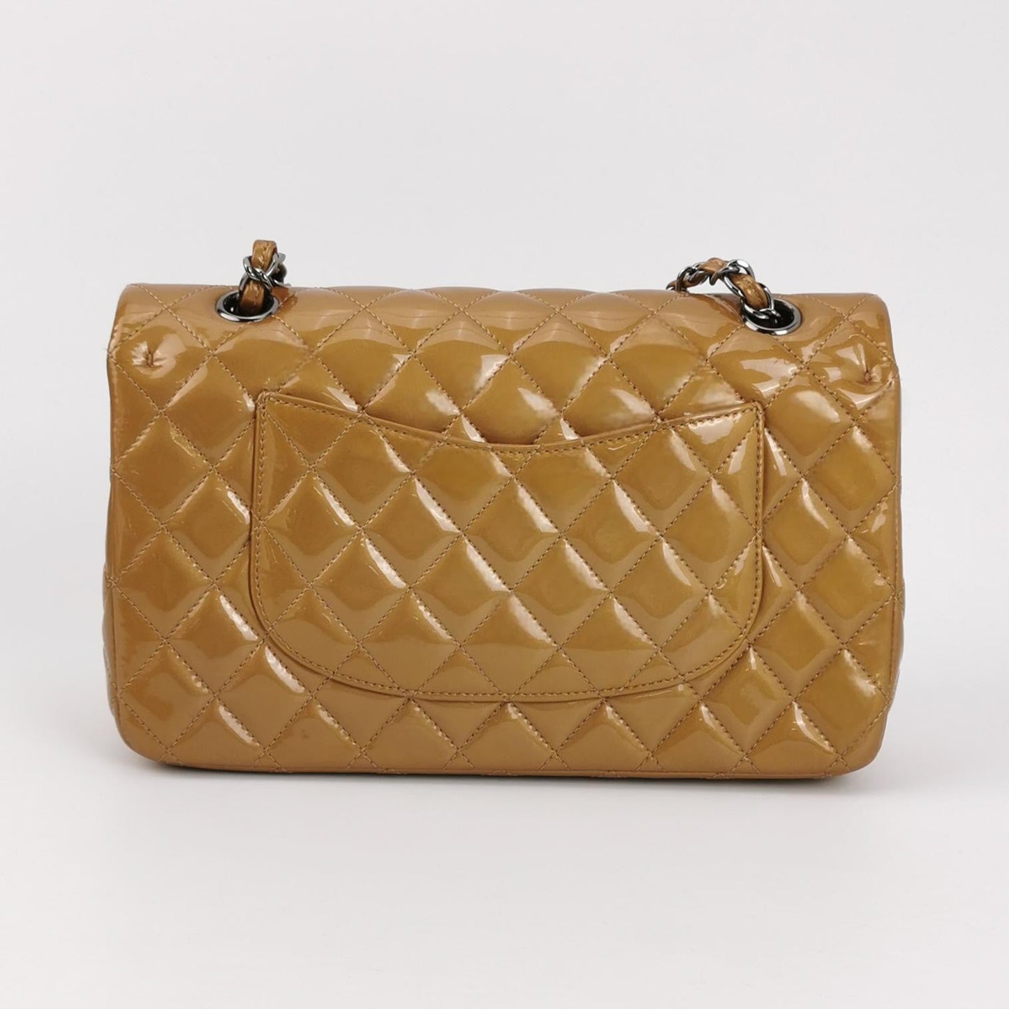 Chanel Timeless Classic Flap Medium Beige Gold Patent Leather Silver Hardware