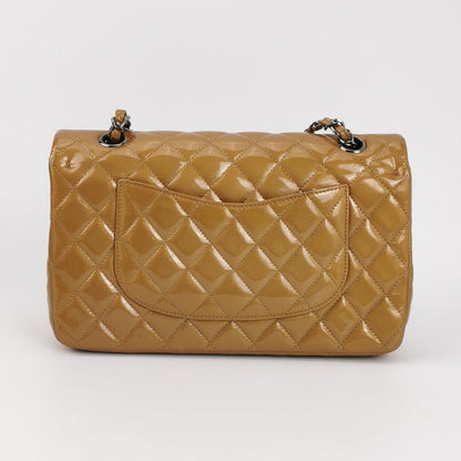 Chanel Timeless Classic Flap Medium Beige Gold Patent Leather Silver Hardware