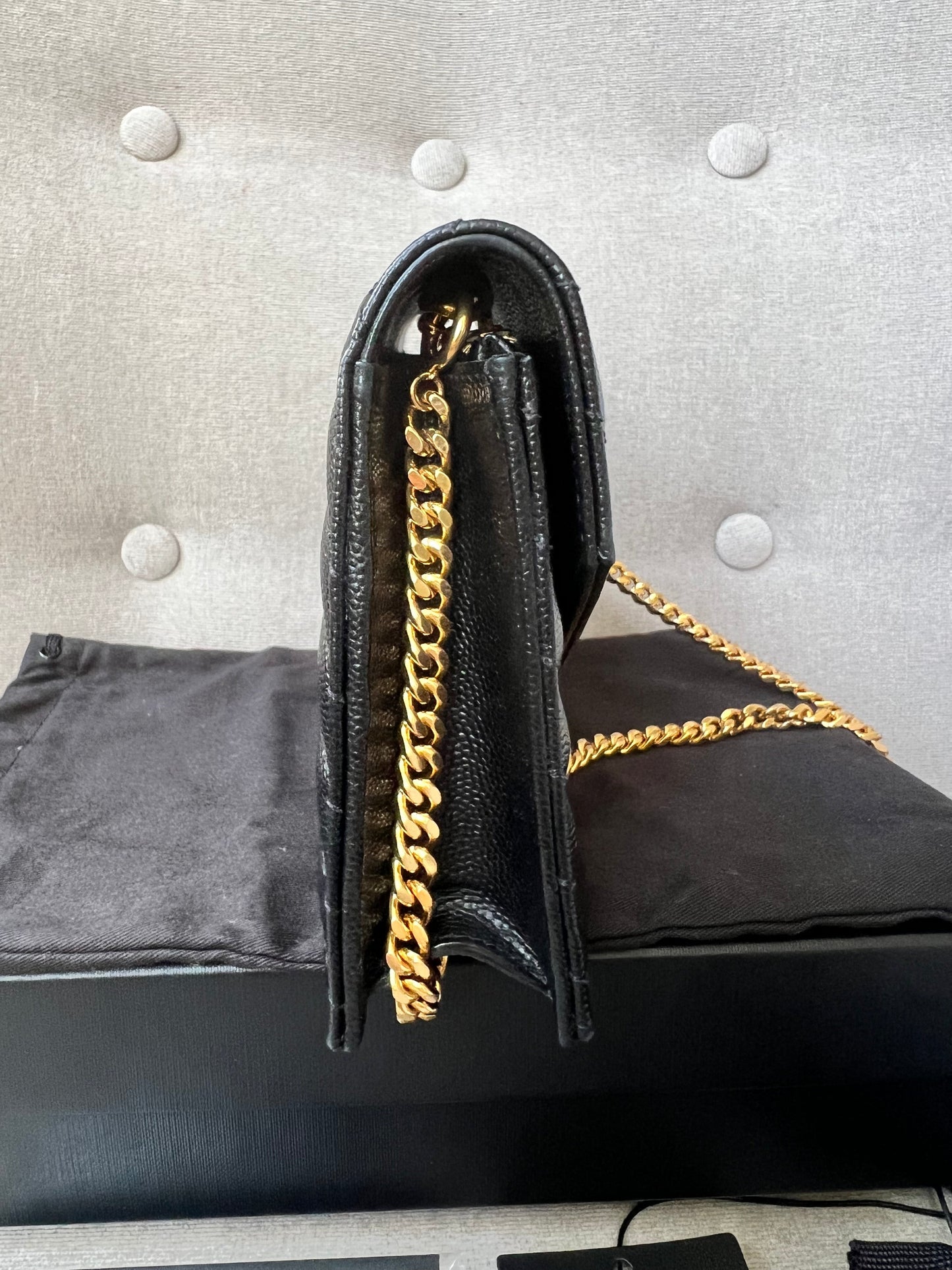 Yves Saint Laurent (YSL) Black Cassandra Envelope Chain Wallet