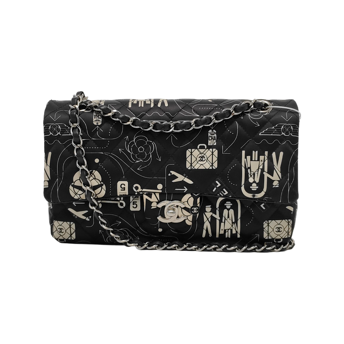 Chanel Satin Airline Printed Medium Double Flap Bag Black and White