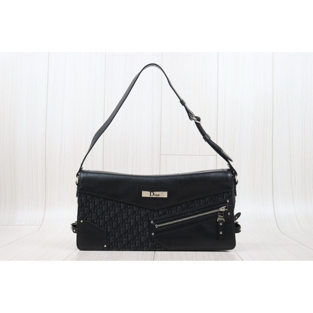 Very Good ( Rank A) ｜   Dior Trotter Punk Calf Skin Canvas Shoulder Bag Black  ｜25022708