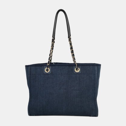 Chanel Deauville Tote Navy Denim Cloth Leather Chain Strap Small 34cm