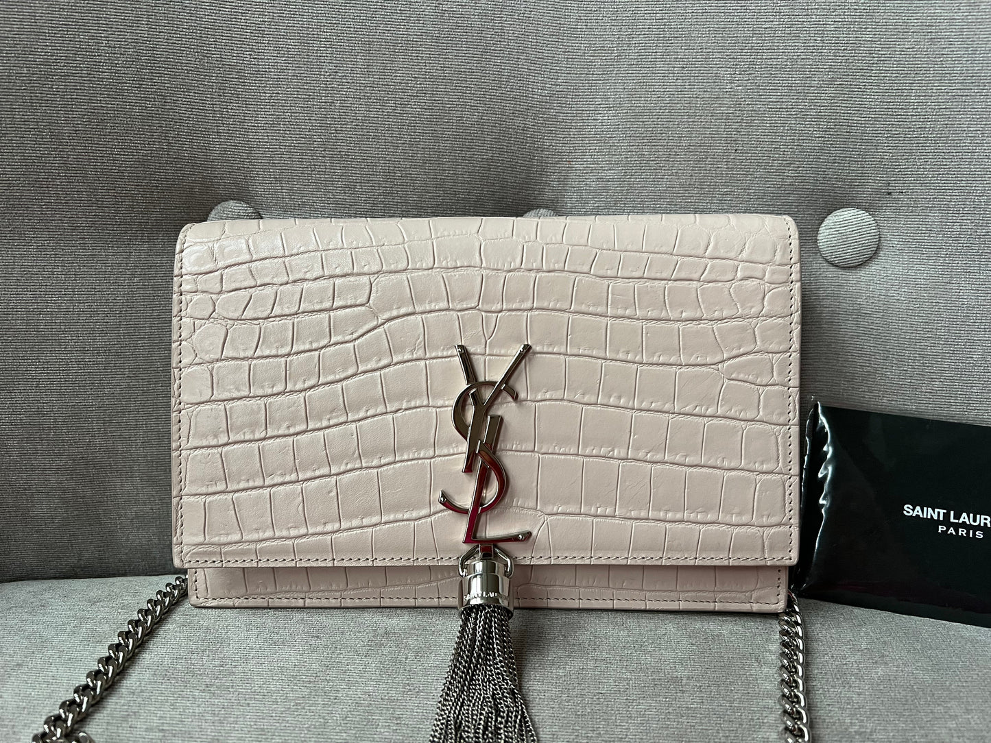 Yves Saint Laurent (YSL) Pale Pink Croc Kate Chain Wallet Silver Hardware