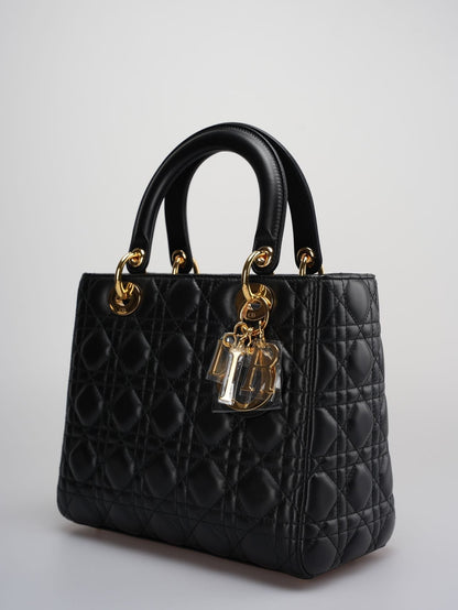 Christian Dior Black Medium Bag in Cannage Lambskin Leather with Gold Hardware