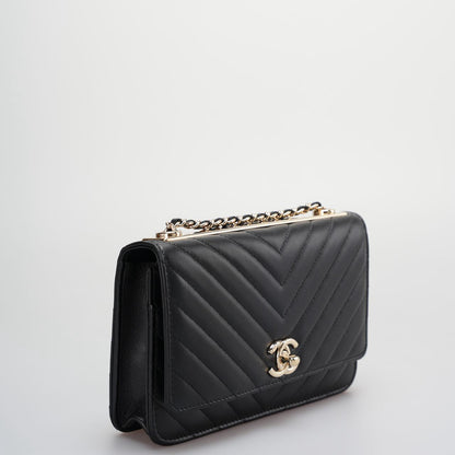 Chanel Lambskin Chevron Quilted Trendy CC Wallet On Chain Woc In Black