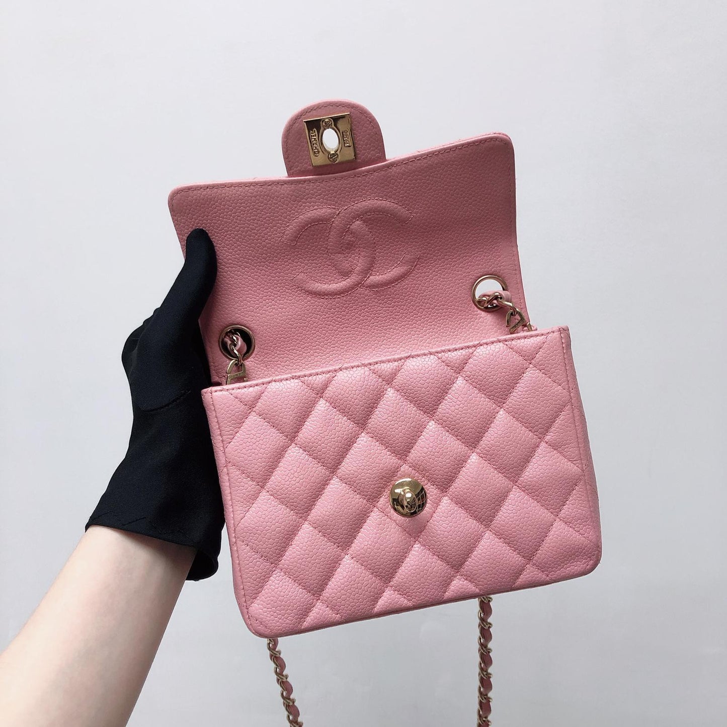 Vintage Mini Square Flap Bag in Pink Quilted Caviar Leather GHW