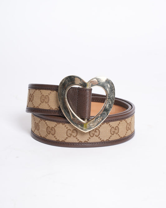 Gucci Beige GG Canvas and Leather Heart Buckle Belt