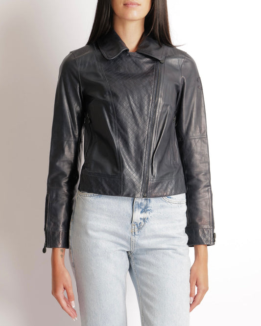 Chanel Navy Calfskin Leather Jacket with Quilted Details and Black CC Logo Buttons Size FR 34 (UK 6)