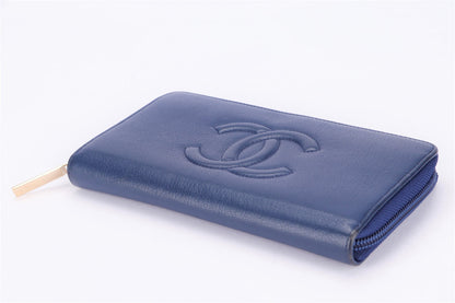 Chanel Timeless Blue Color Calf Leather Long Zippy Wallet (2282xxxx), with , no Dust Cover & Box