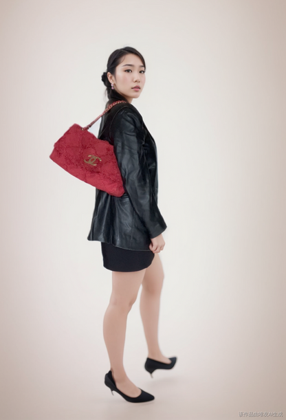 Chanel Red Diamond Stitch Tweed Maxi Nature Flap Bag