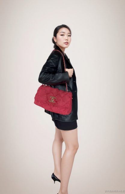 Chanel Red Diamond Stitch Tweed Maxi Nature Flap Bag