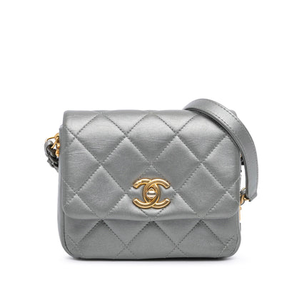 Silver Chanel Mini Quilted Lambskin Side Note Flap Crossbody Bag