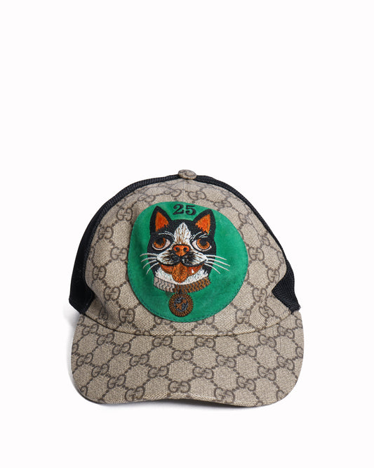 Gucci  GBeige GG Supreme Canvas and Mesh Bosco Applique Baseball Cap