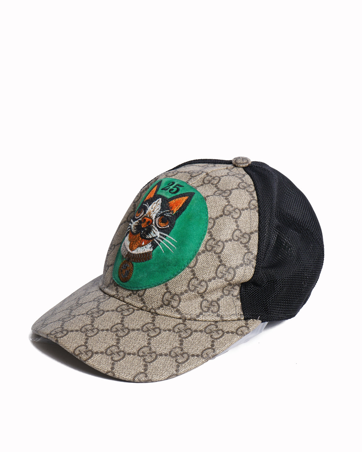 Gucci  GBeige GG Supreme Canvas and Mesh Bosco Applique Baseball Cap