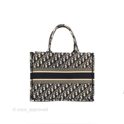 Christian Dior Medium (Old Small) Dior Navy Oblique Embroidery Canvas Book Tote
