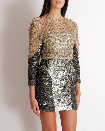 Chanel Black and Silver Metallic Tweed Long-Sleeved Mini Dress with Gold and Silver Sequin and Crystal Embellishments Size FR 36 (UK 8)