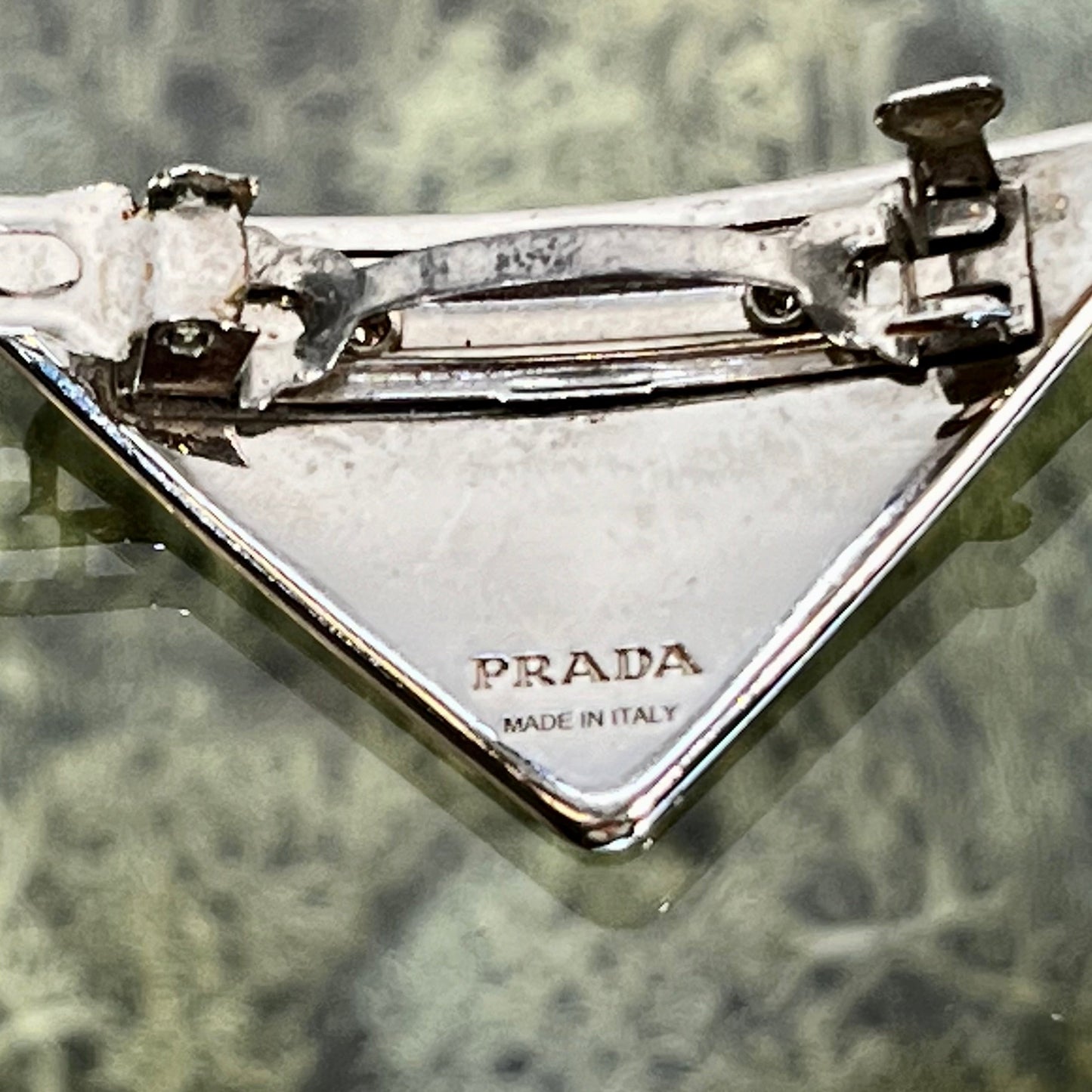 Prada White Silver Metal Enamel Triangle Logo Hair Clip