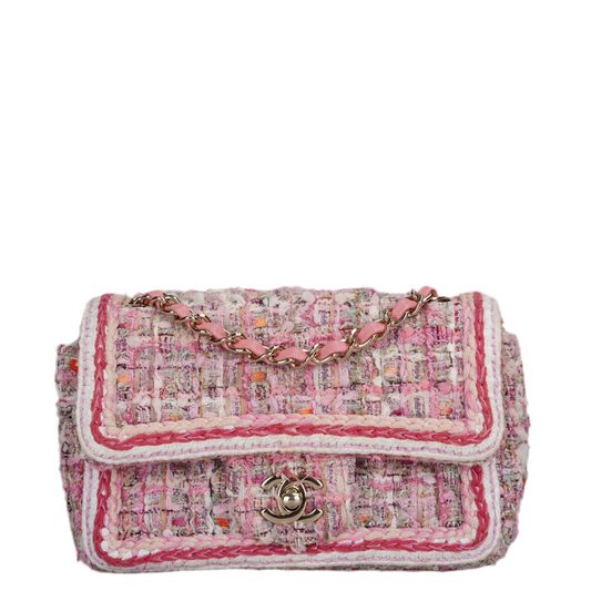 Chanel Timeless Tweed Mini Flap Bag rectangle in White and Pink With Gold Hardware