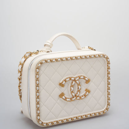 Chanel White Vanity Case Bag In Quilted Leather CC Filigree Chain Around